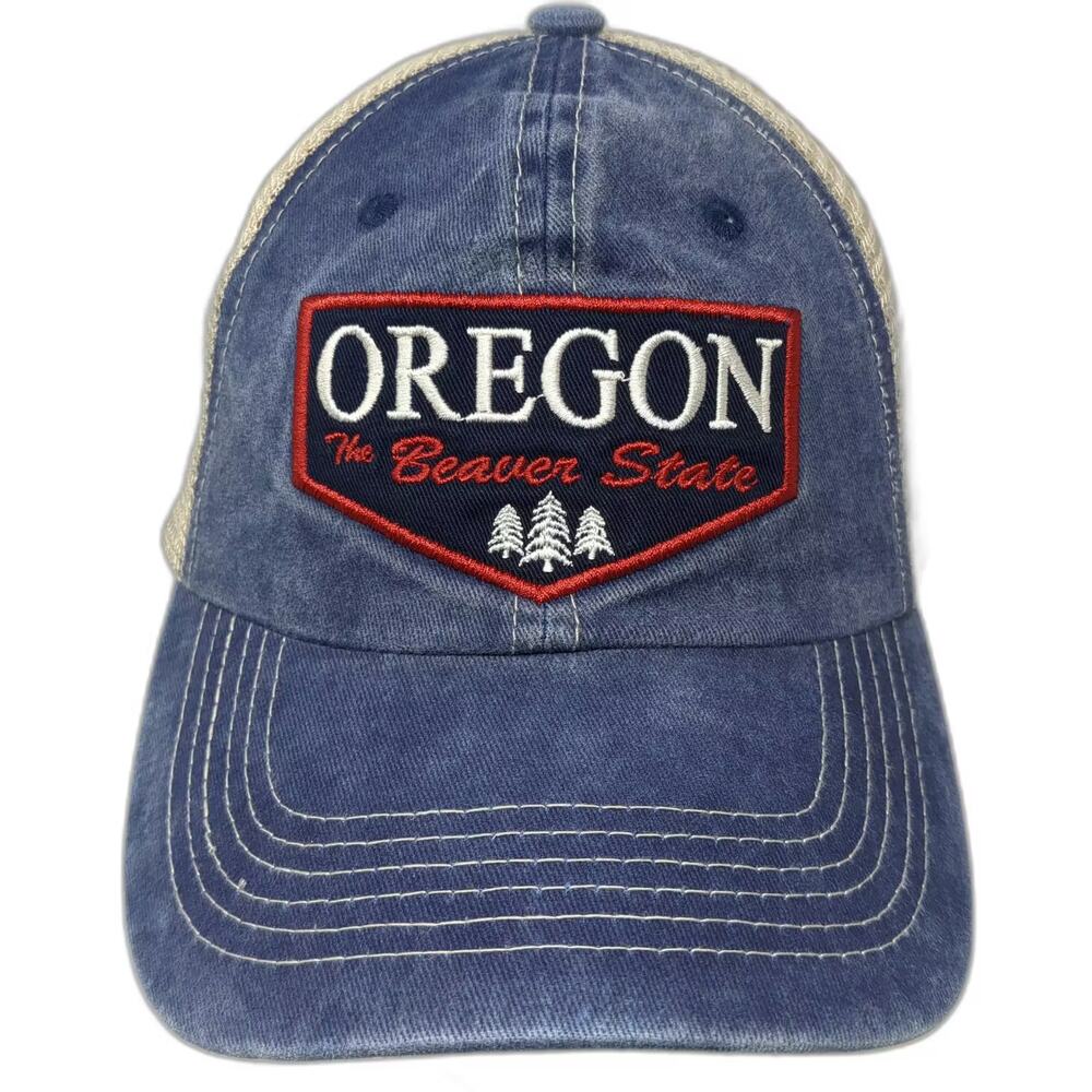 Salt Creek Oregon Beaver State Trucker Hat Blue Beige Snapback OS Embroidered